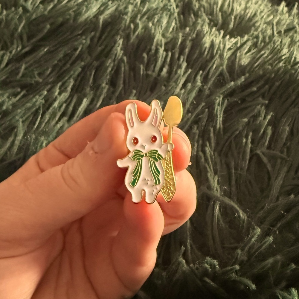 Womenโs Jewelry Cute Easter White Bunny with Spoon and Green Bow Enamel Pin